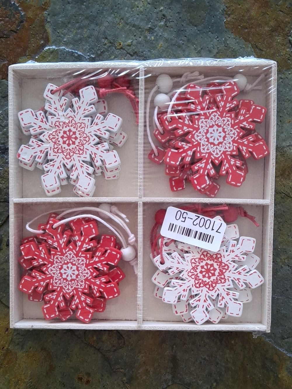 Holiday Wooden Red & White Snowflake Ornaments